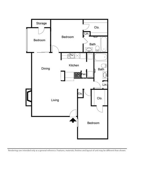 Floor plan for 3 beds, 2 baths, 1086 sqft